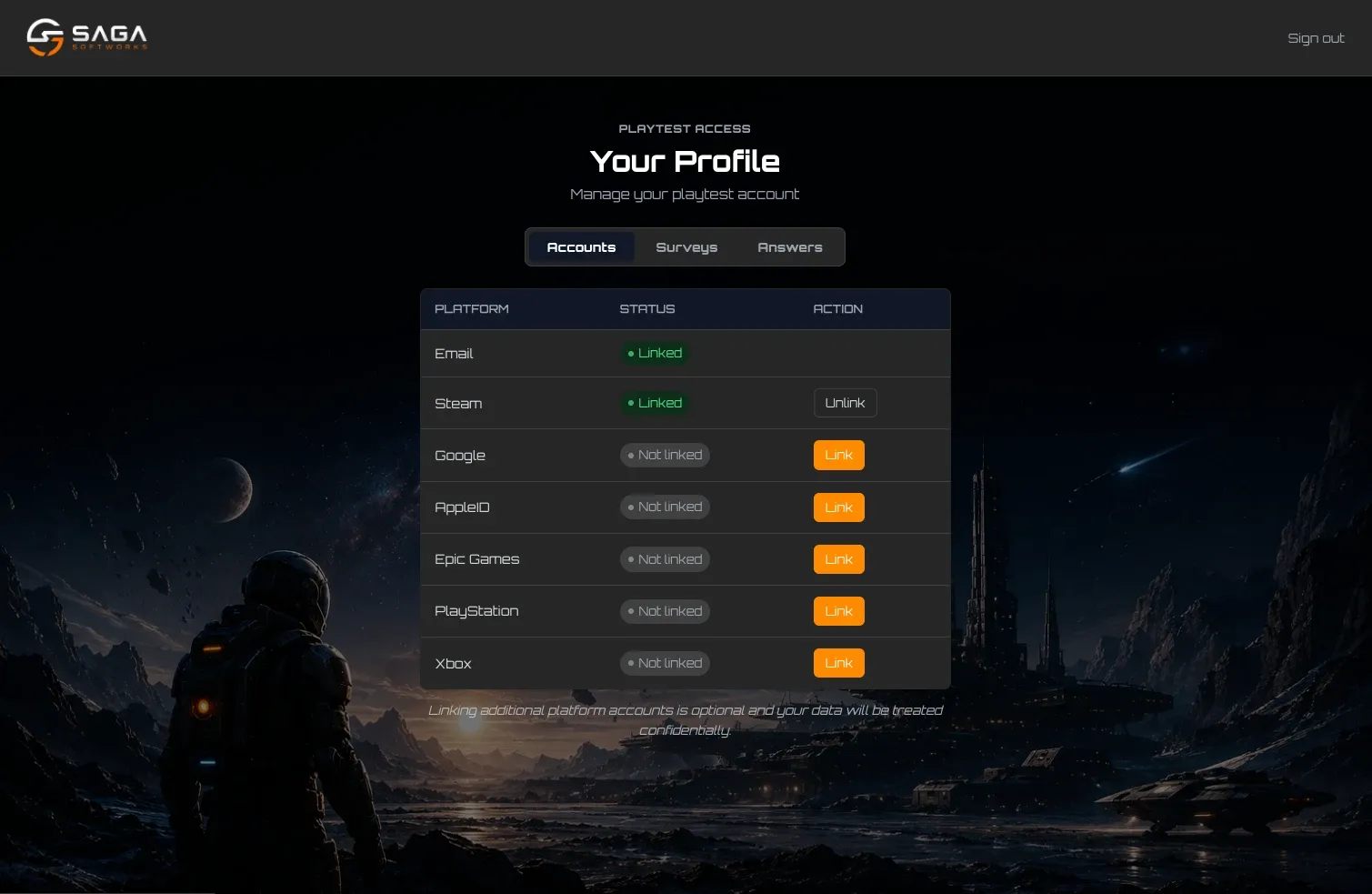 Player Portal profile page with Accounts, Surveys and Answers tabs