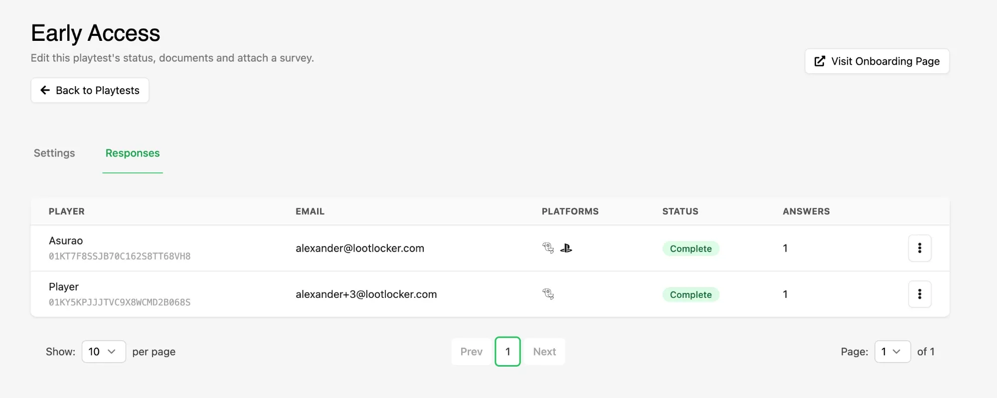 Responses tab listing registered players with their email, linked platforms, status and answer count