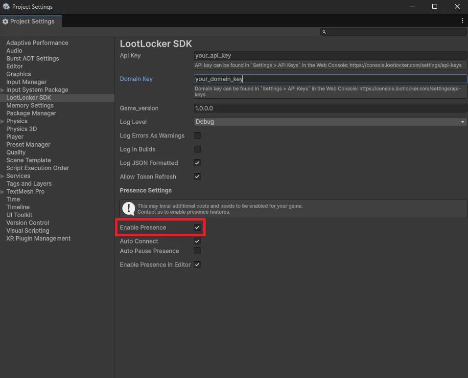 Enable Presence option in Unity Player Settings LootLocker SDK section