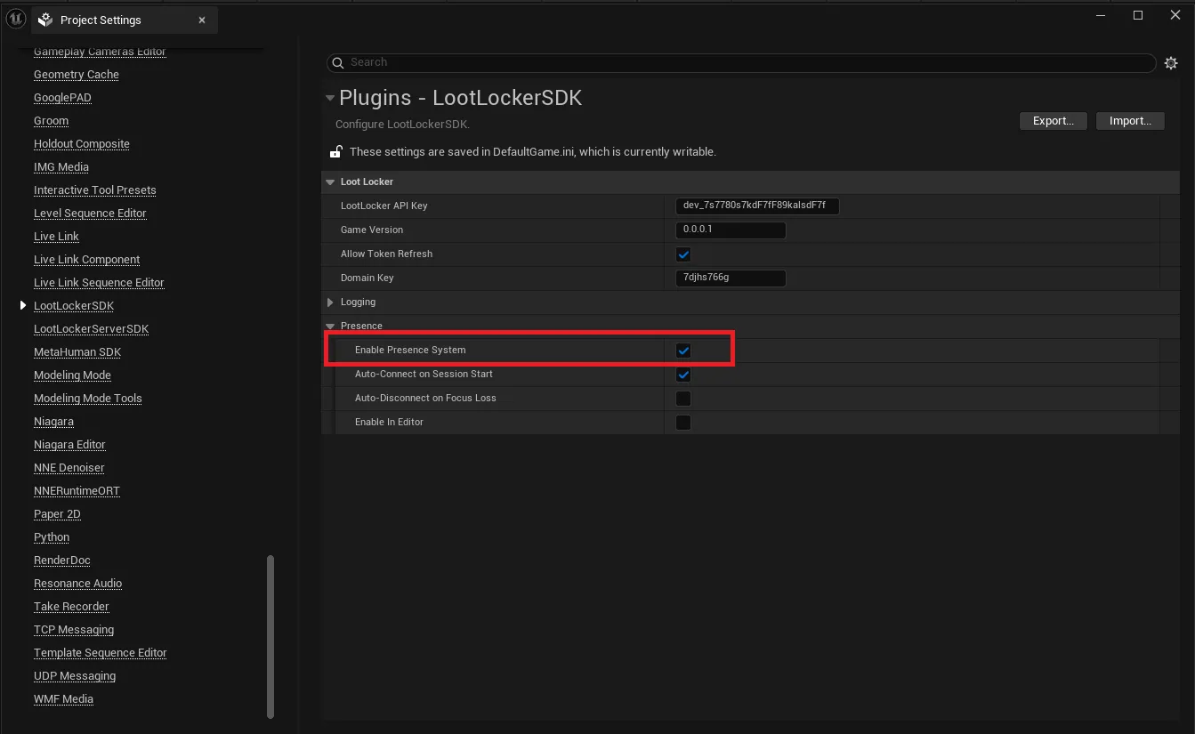 Enable Presence option in Unreal Project Settings LootLocker SDK Plugin section