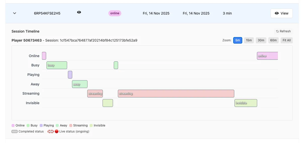 Session Status Timeline showing a player's Rich Presence states