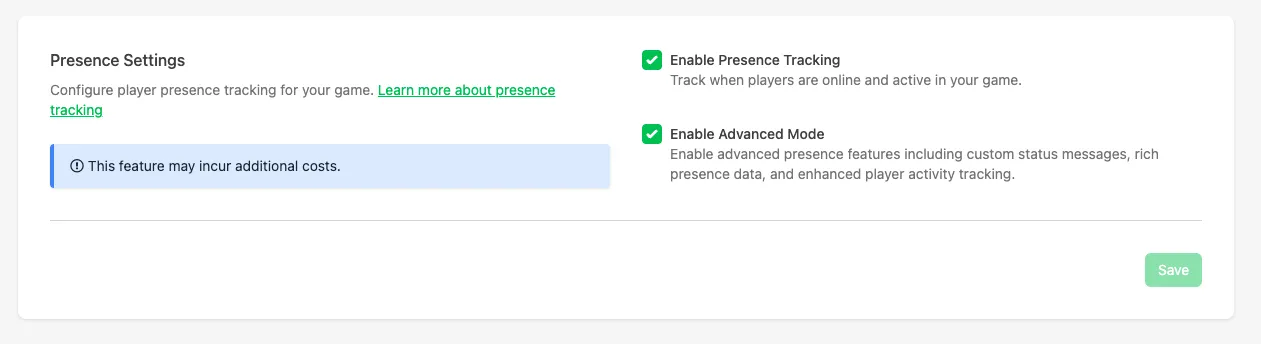 Presence settings tab in Player Operations with Enable Presence and Enable Rich Presence Mode options