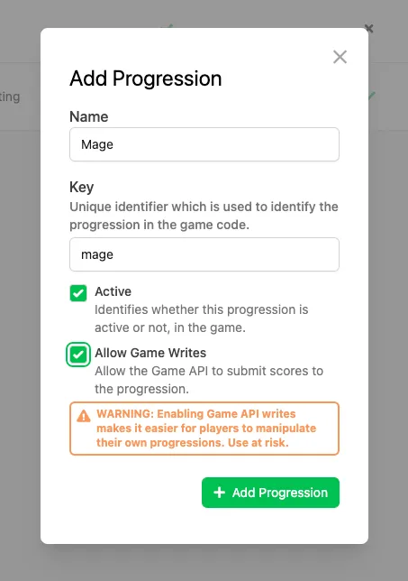 Create Progression modal with Name, Key, Allow Game Writes, and Active fields