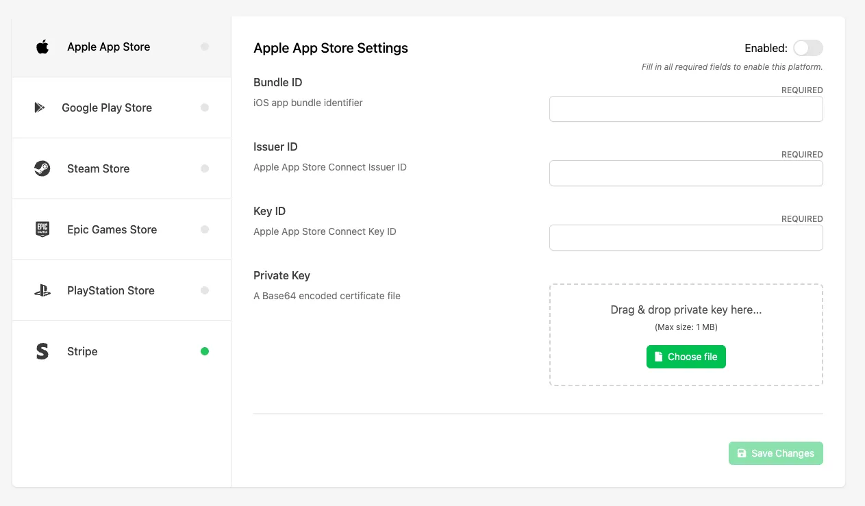 Opening the In-App Purchases settings page in the Web Console to configure Apple App Store