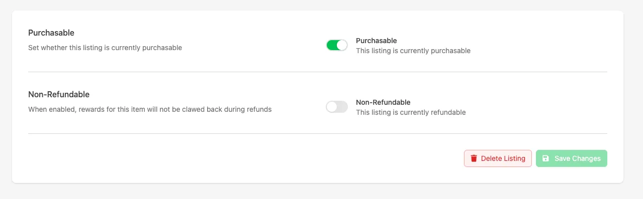 Enabling the Purchasable toggle on a Catalog Listing's Settings tab in the Web Console