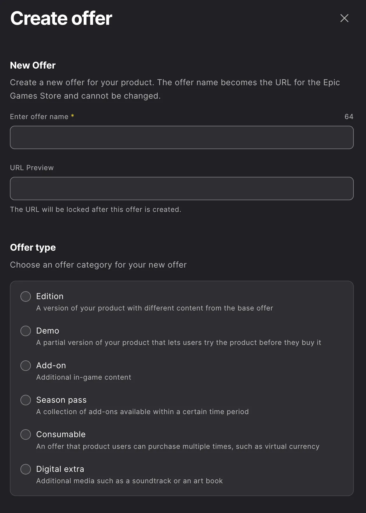 Creating an offer in the Epic Developer Portal's Epic Games Store Offers section