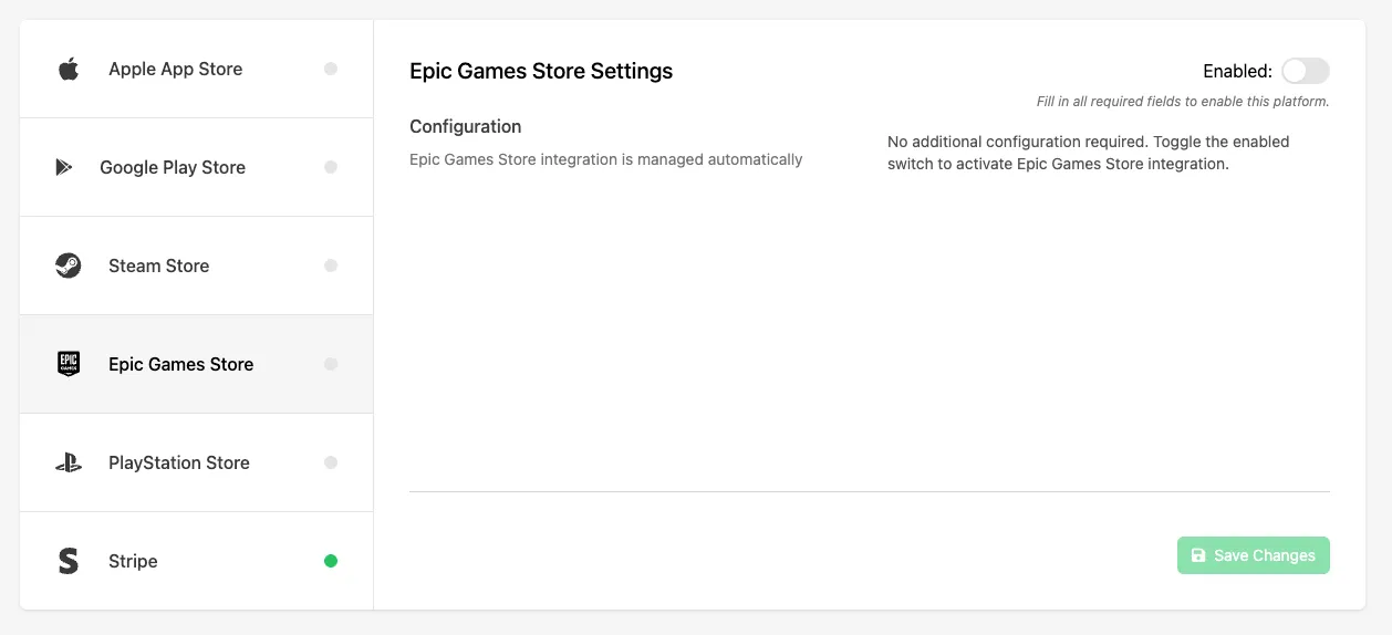 Enabling Epic Games Store as a purchase provider under In-App Purchases settings in the Web Console