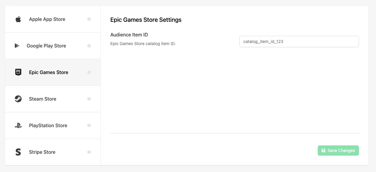 Configuring the Epic Games Store Audience Item ID on a Catalog Listing's IAP tab in the Web Console