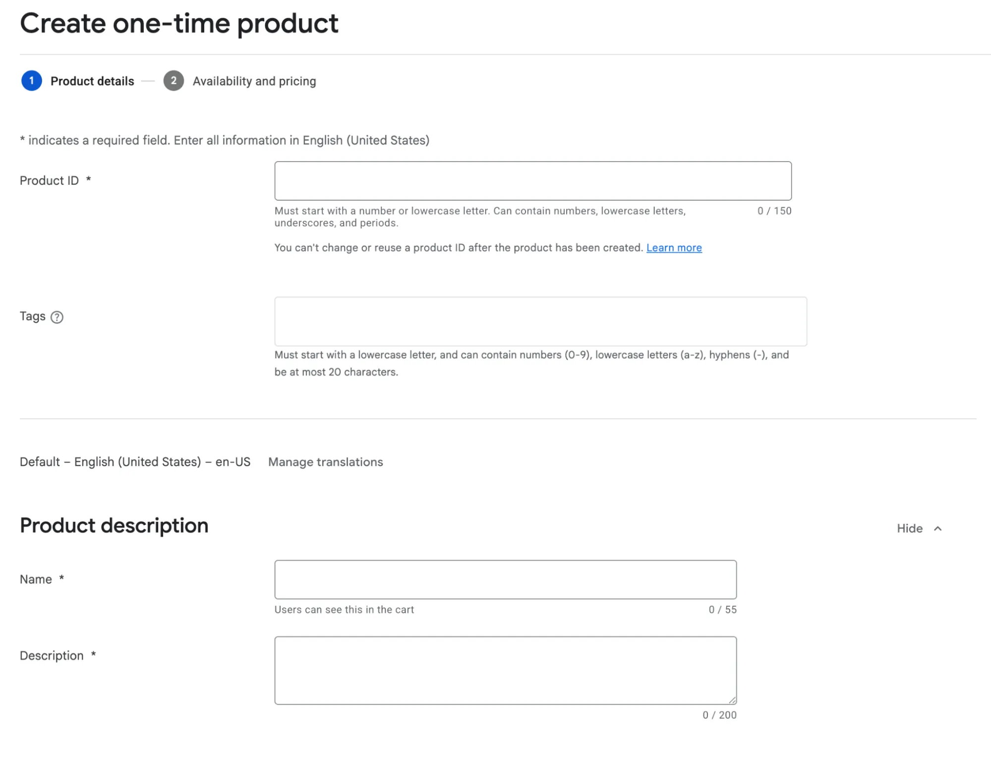 Creating a one-time product in Google Play Console's Monetize with Play section