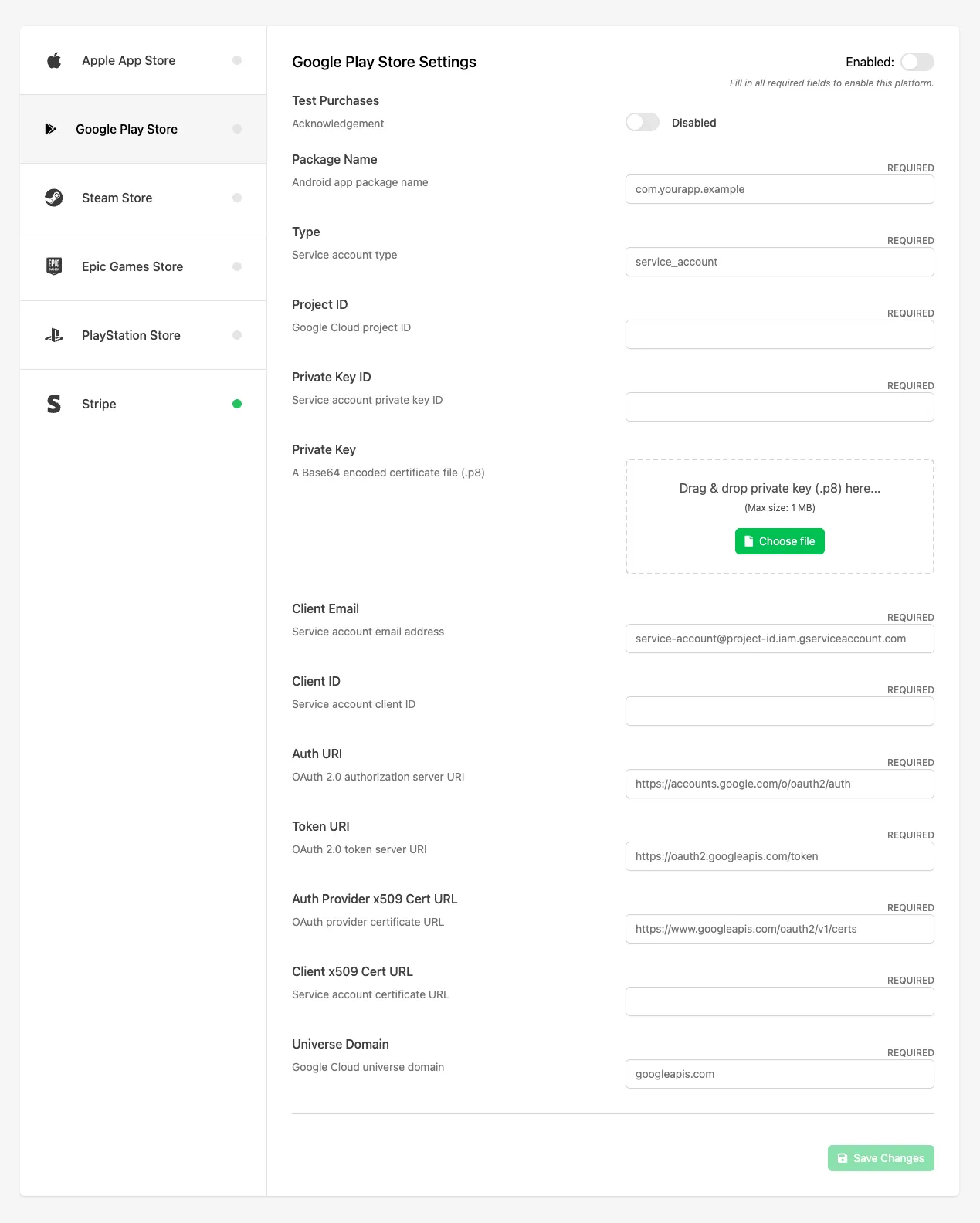 Opening the In-App Purchases settings page in the Web Console to configure Google Play Store