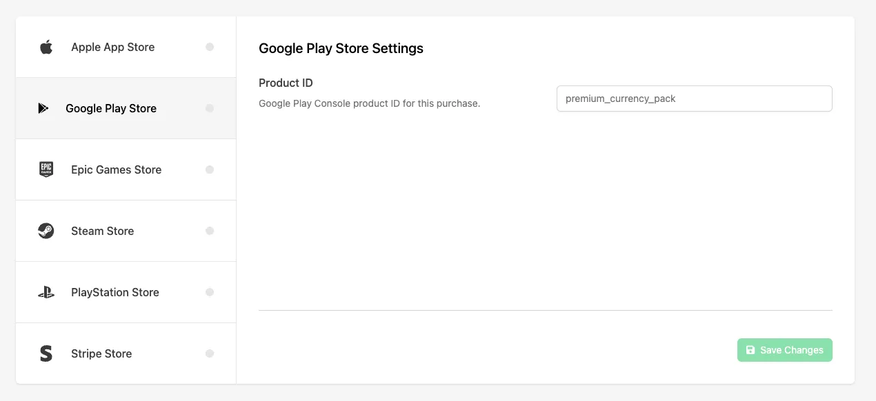 Configuring the Google Play Store Product ID on a Catalog Listing's IAP tab in the Web Console