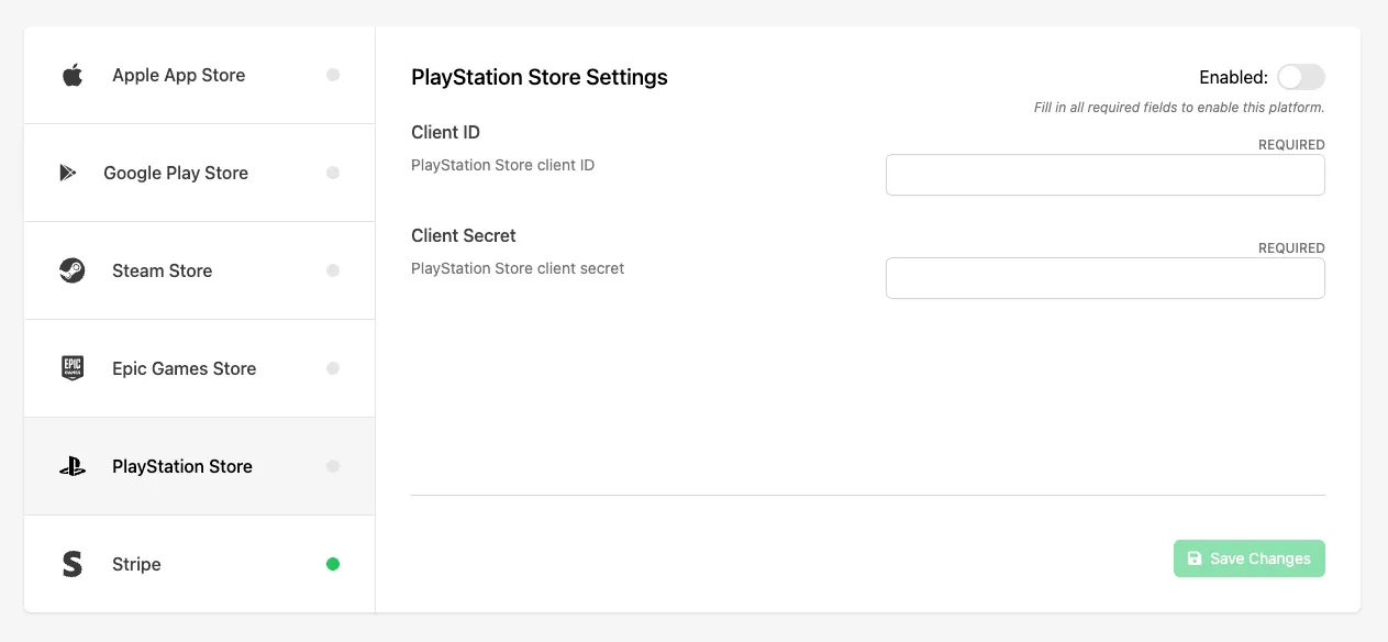 Enabling PlayStation Store as a purchase provider under In-App Purchases settings in the Web Console