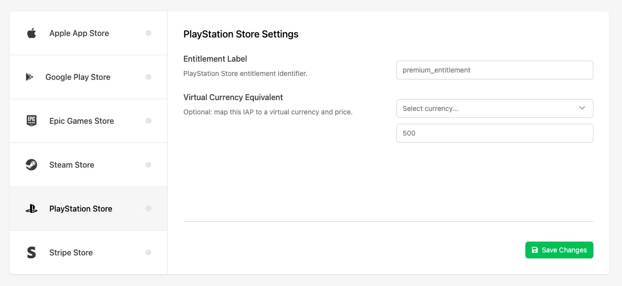 Configuring the PlayStation Store Entitlement Label on a Catalog Listing's IAP tab in the Web Console