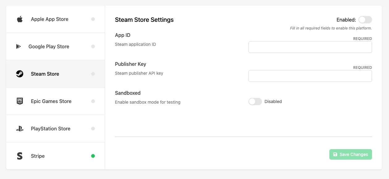Enabling Steam Store as a purchase provider under In-App Purchases settings in the Web Console