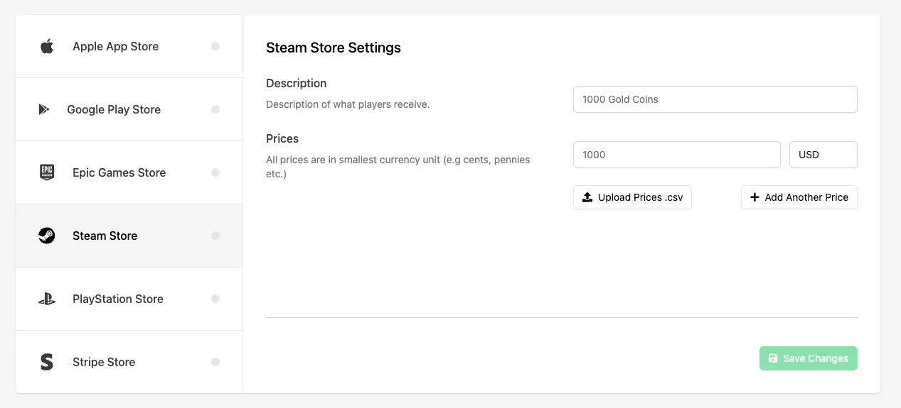 Configuring Steam pricing and description on a Catalog Listing's IAP tab in the Web Console