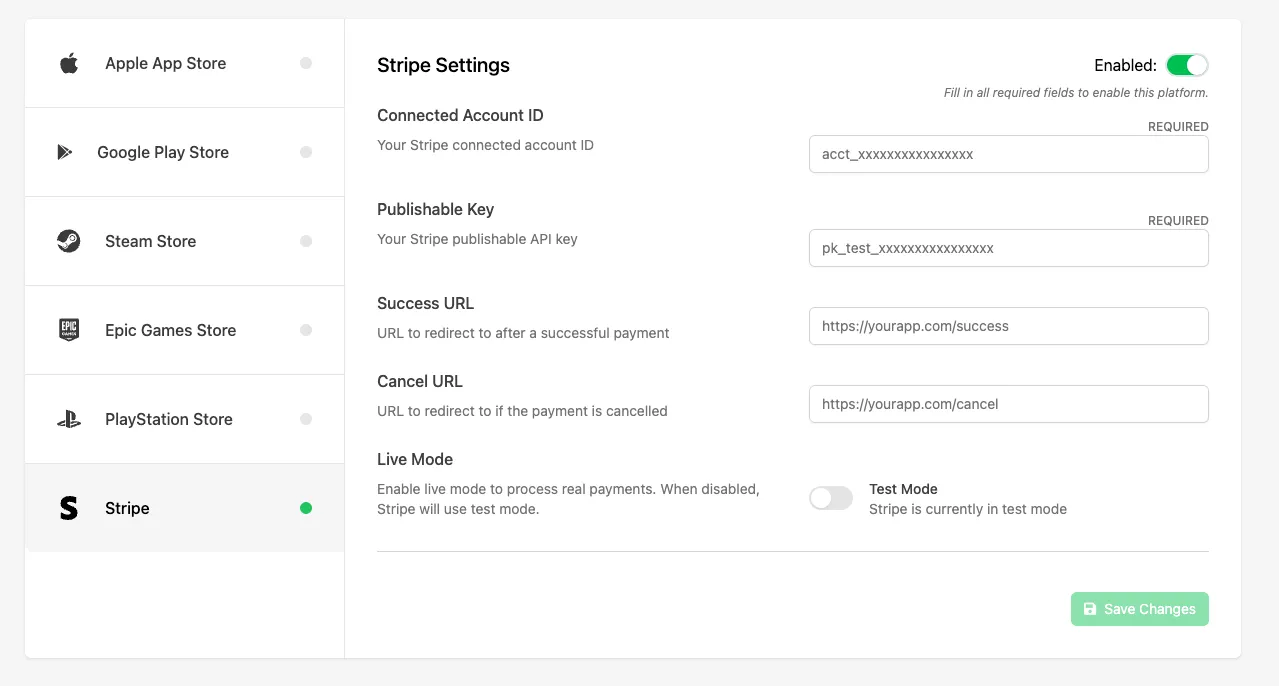 Enabling and configuring Stripe as a purchase provider under In-App Purchases settings in the Web Console