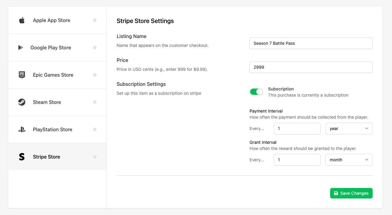 Configuring a Catalog Listing's IAP tab for a recurring Stripe subscription in the Web Console