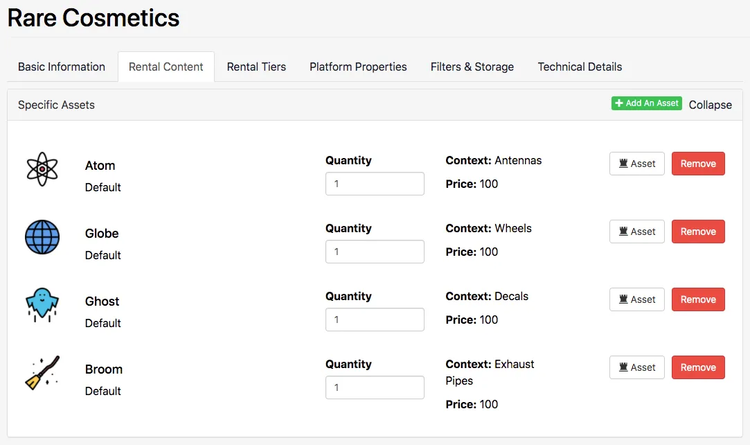 Rental Content tab on the Rental Asset's page