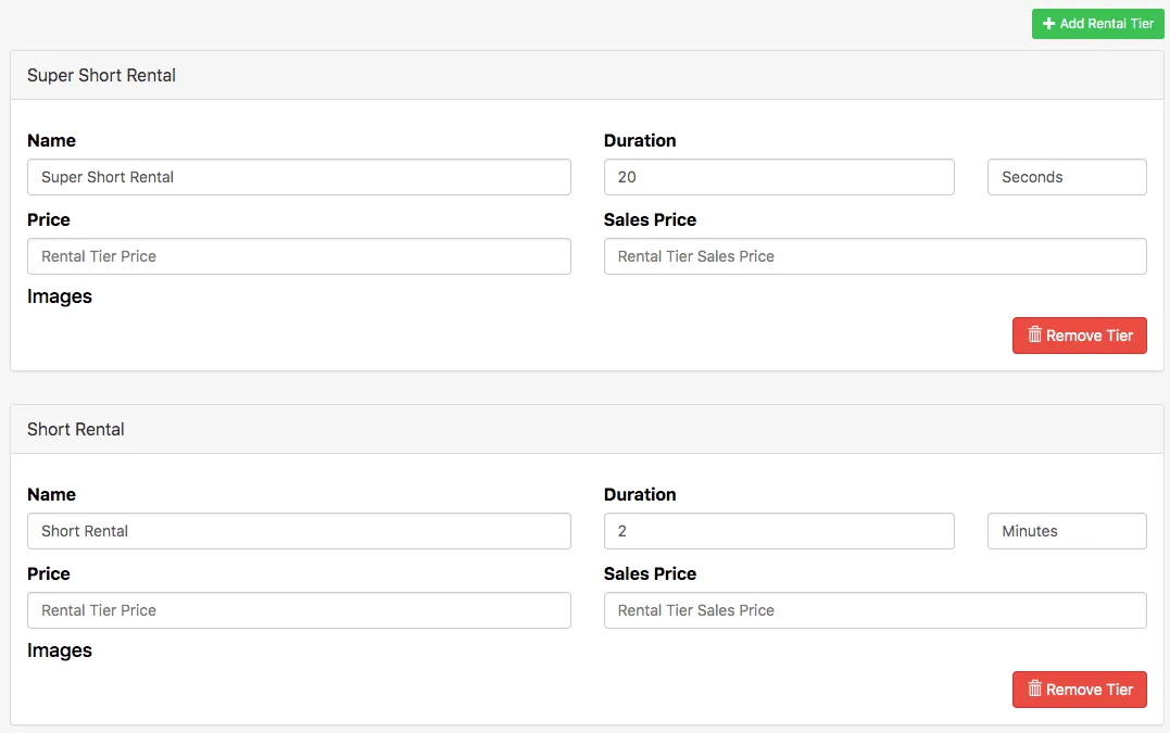 Configured rental tiers in the Rental Tiers tab