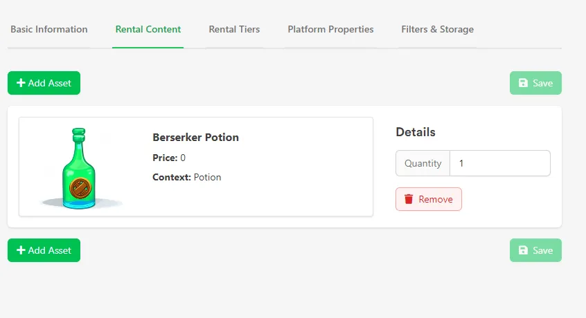Rental Content tab on an Asset with the Rental Complexity