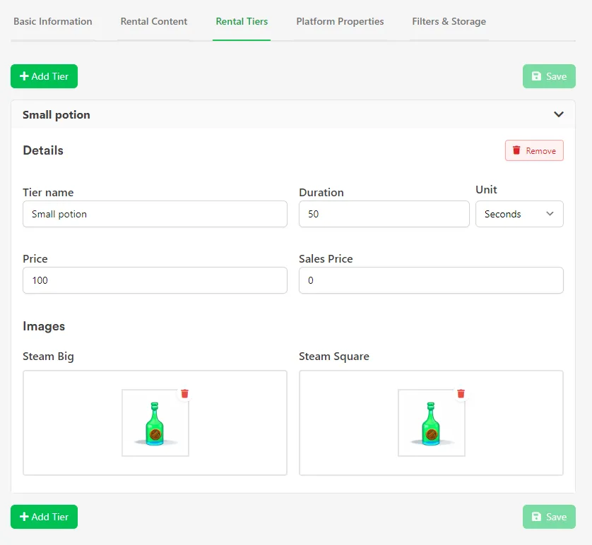 Rental Tiers tab on an Asset with the Rental Complexity