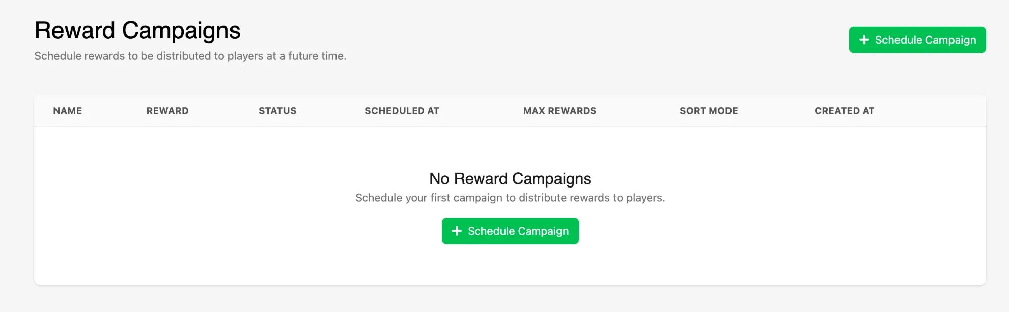 The Reward Campaigns menu before any campaigns have been scheduled