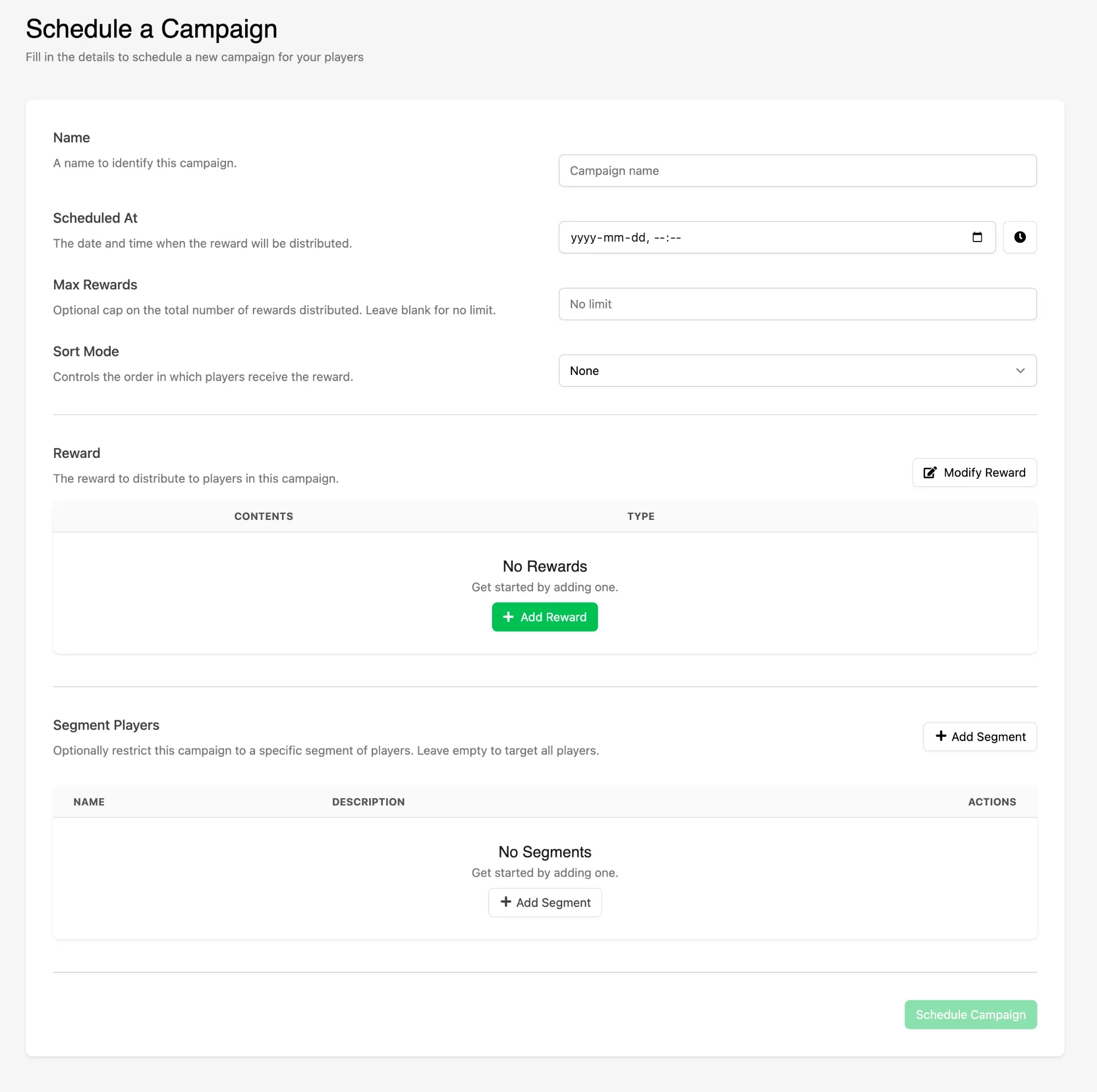 The Schedule a Campaign form with empty Reward and Segment sections