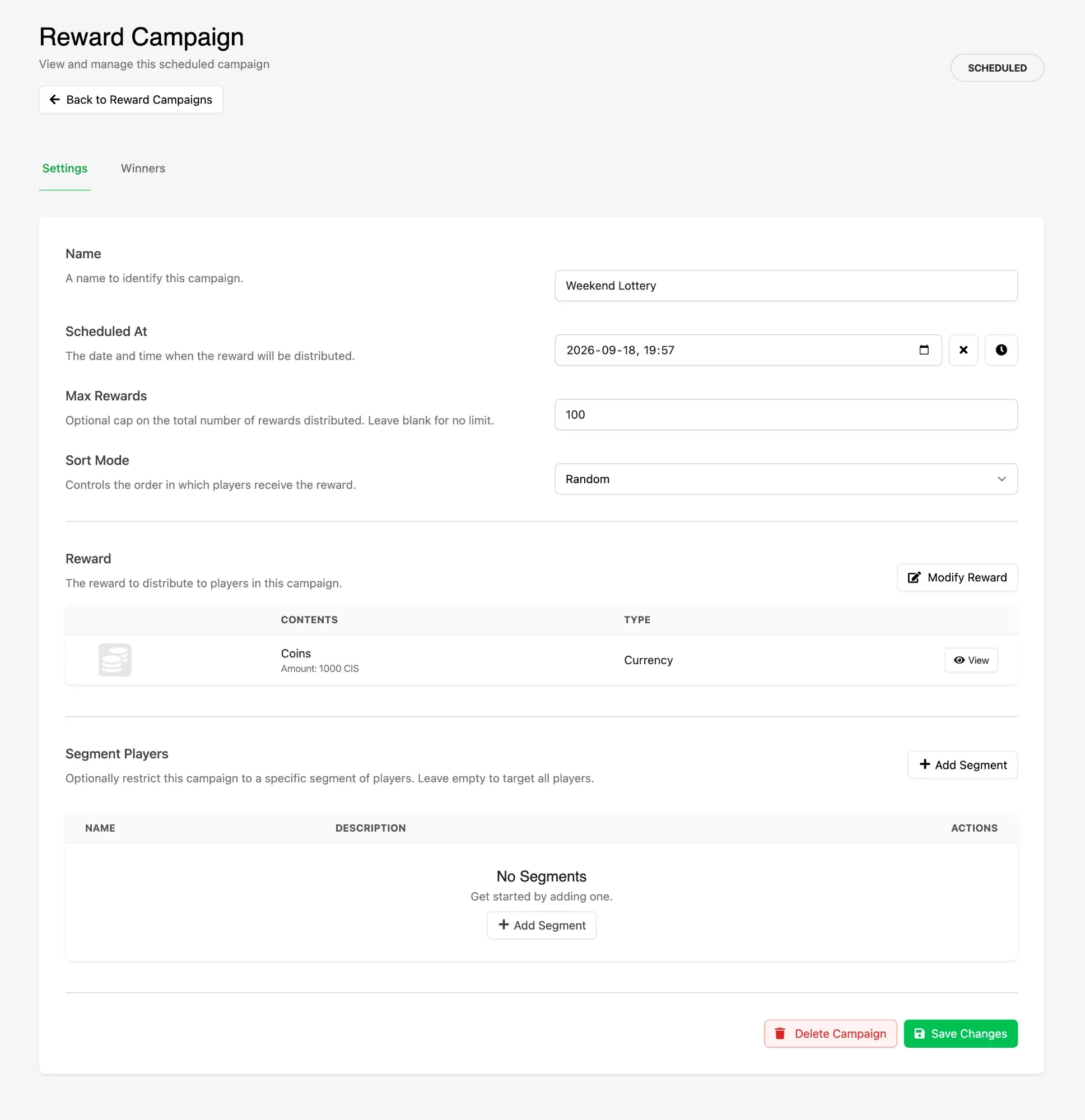 The Settings tab of a scheduled Reward Campaign showing its name, schedule, and Reward