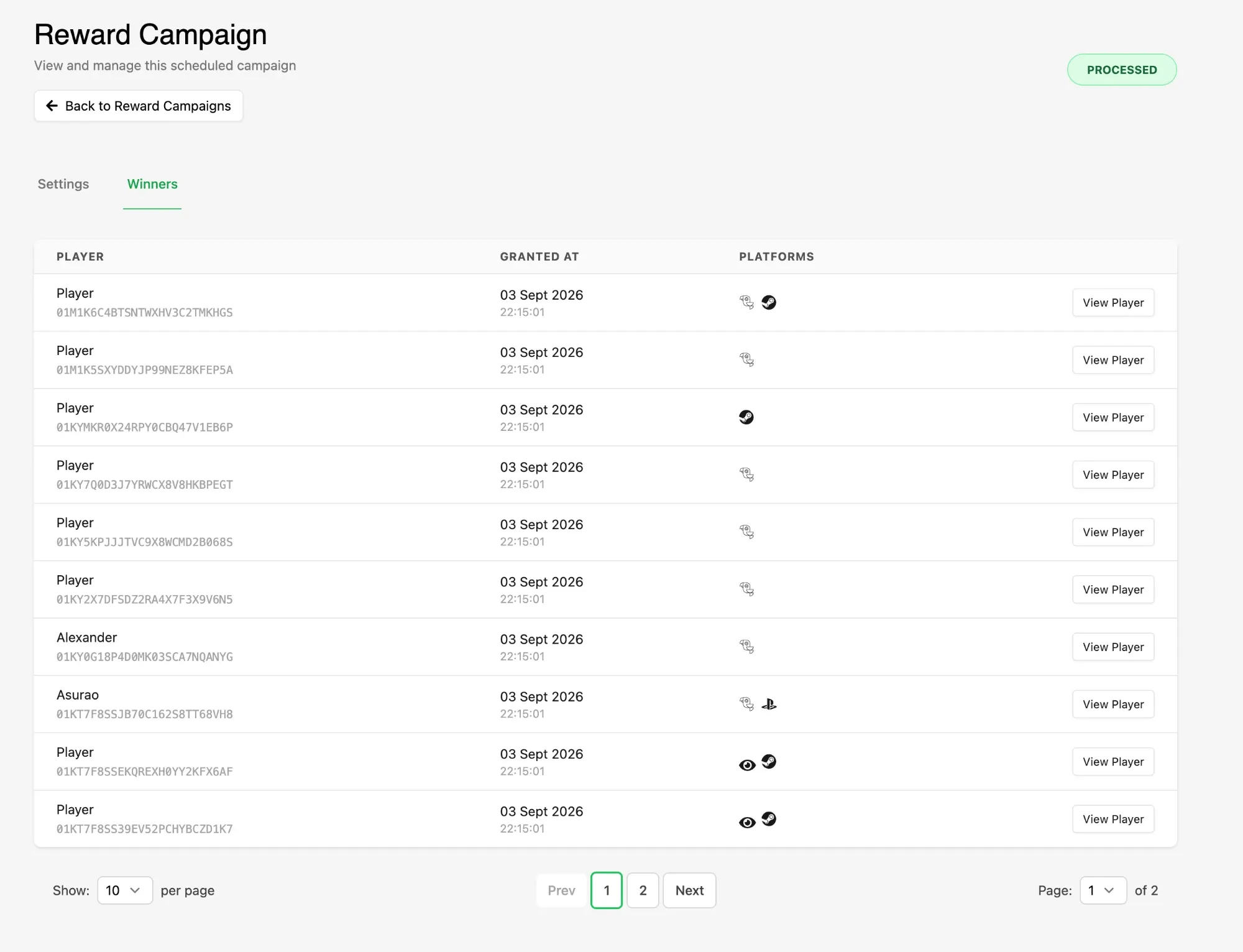 The Winners tab listing the players who received the Reward from a processed campaign