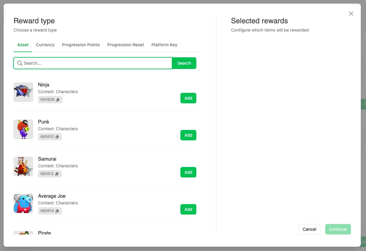 Adding an Asset reward in the Reward modal