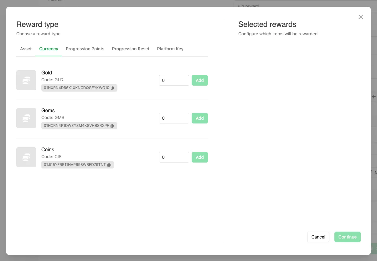 Adding a Currency reward in the Reward modal