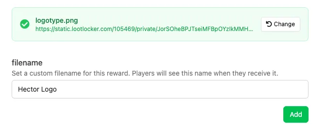 An uploaded file with a custom filename set in the Reward modal