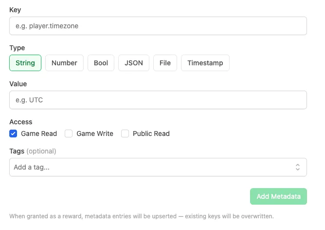 Adding a Metadata reward in the Reward modal