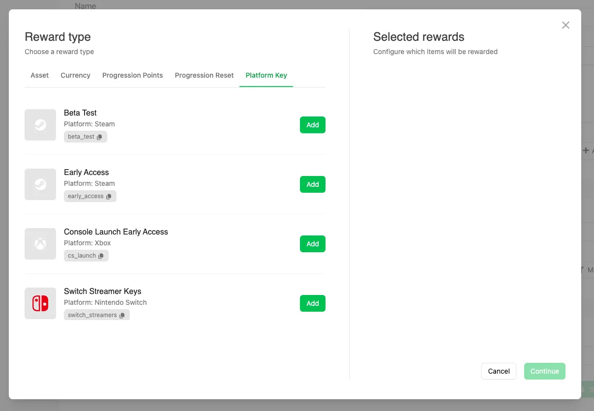 Adding a Platform Key reward in the Reward modal
