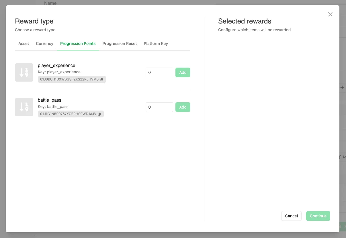 Adding a Progression Points reward in the Reward modal