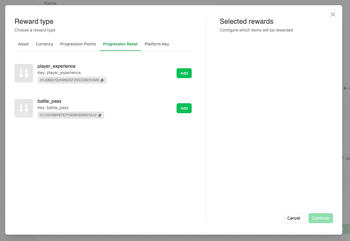 Adding a Progression Reset reward in the Reward modal