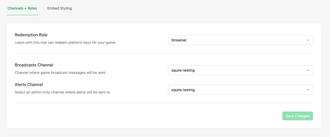 Channels & Roles configuration settings in the Web Console