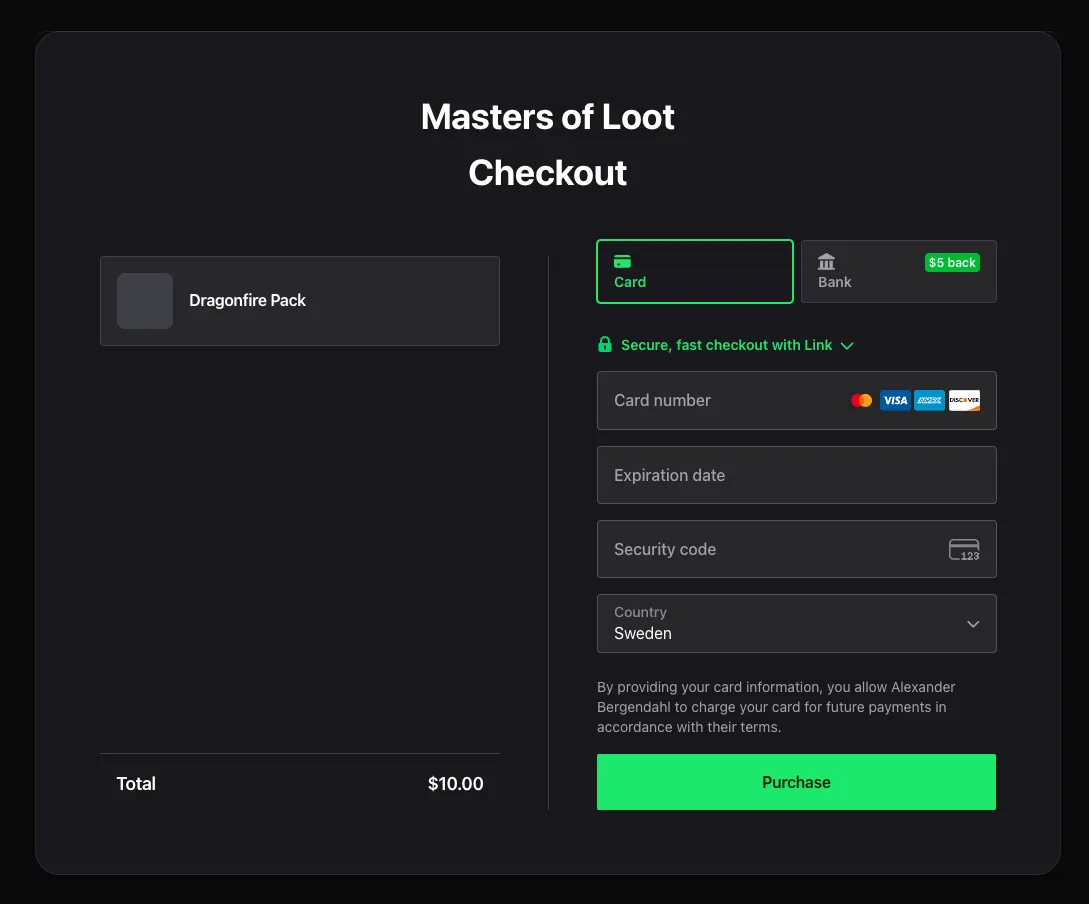Stripe-powered checkout flow for a Discord Commerce purchase
