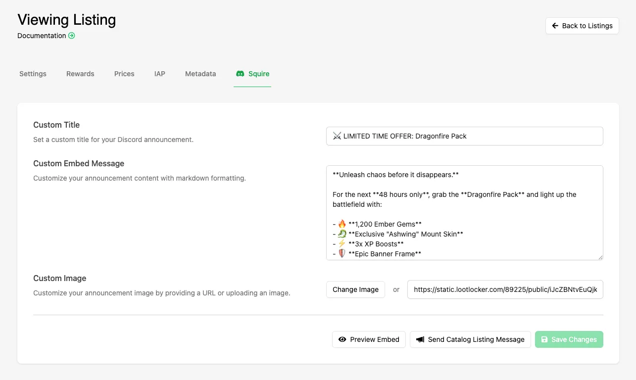 Squire tab settings for configuring the Discord purchase offer post