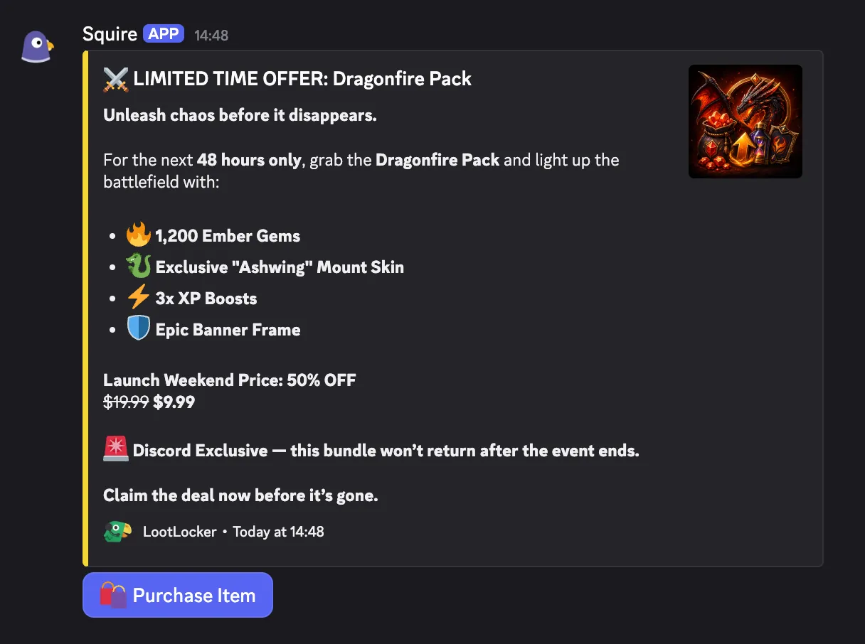 Discord message with a Purchase Item button for the Catalog Listing offer