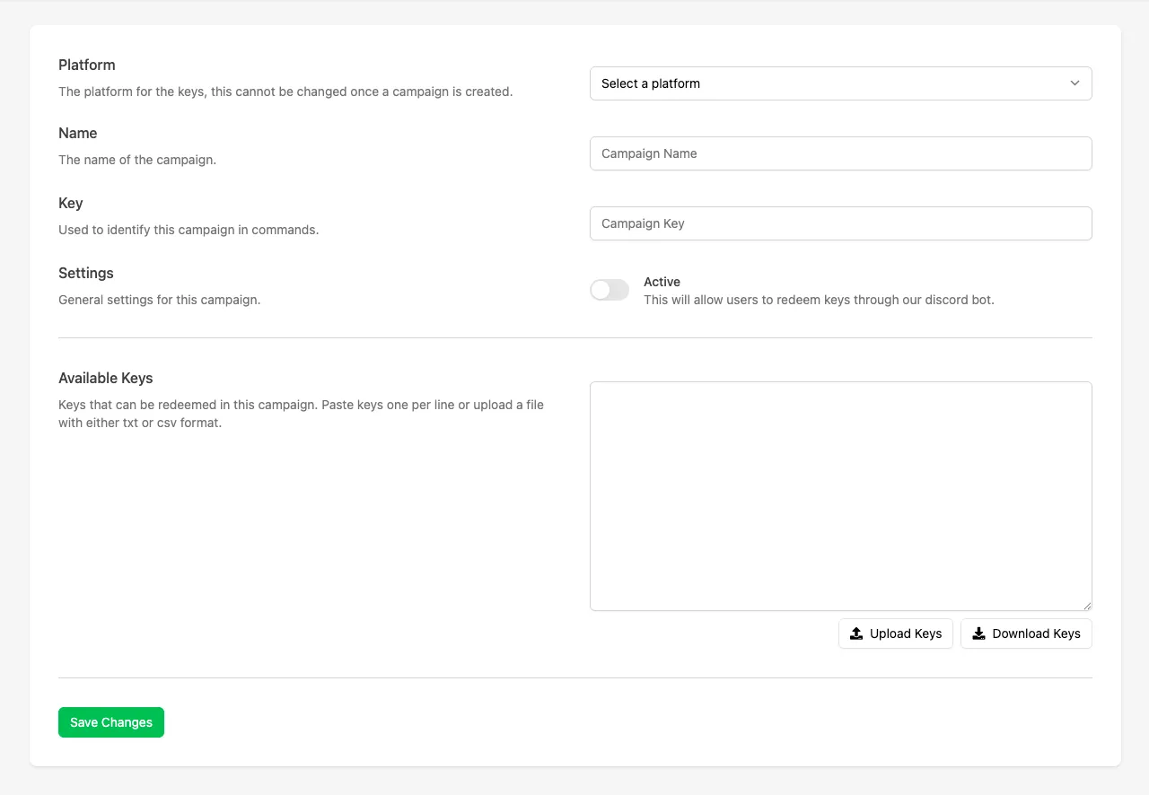 Create Campaign form with Platform, Name, Key, Status, and Available Keys fields