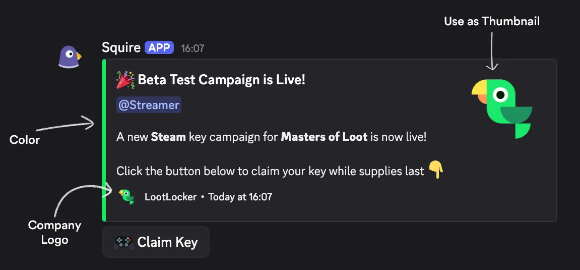 Example of a styled Squire Discord message showing color, company name, and logo