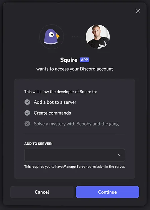 Discord authorization screen for inviting Squire to a server
