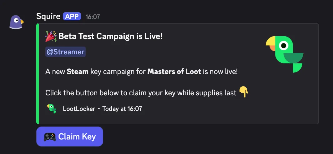 Platform Keys campaign announcement posted in a Discord channel