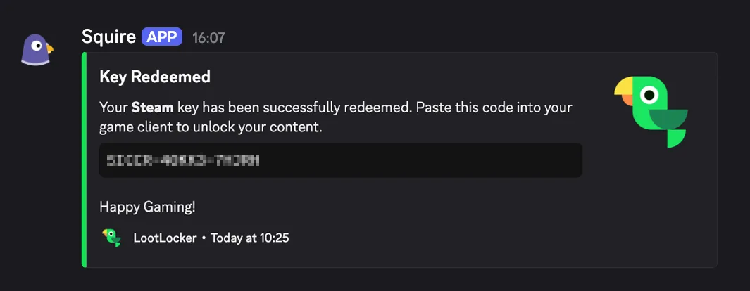 Redeemed key delivered to the player as a Discord whisper