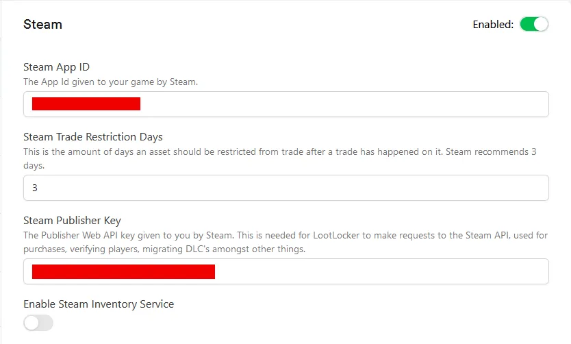 LootLocker Steam Settings