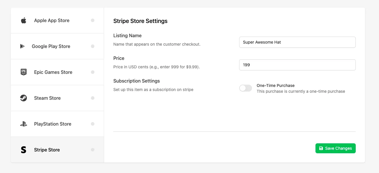 Stripe IAP settings for a one-time purchase Catalog Listing
