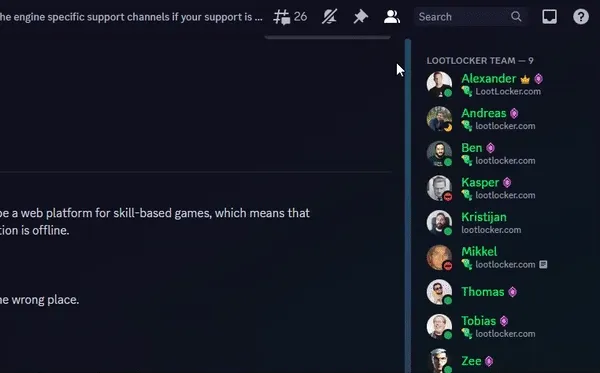 Animated example of searching the Discord support channel for guest login questions