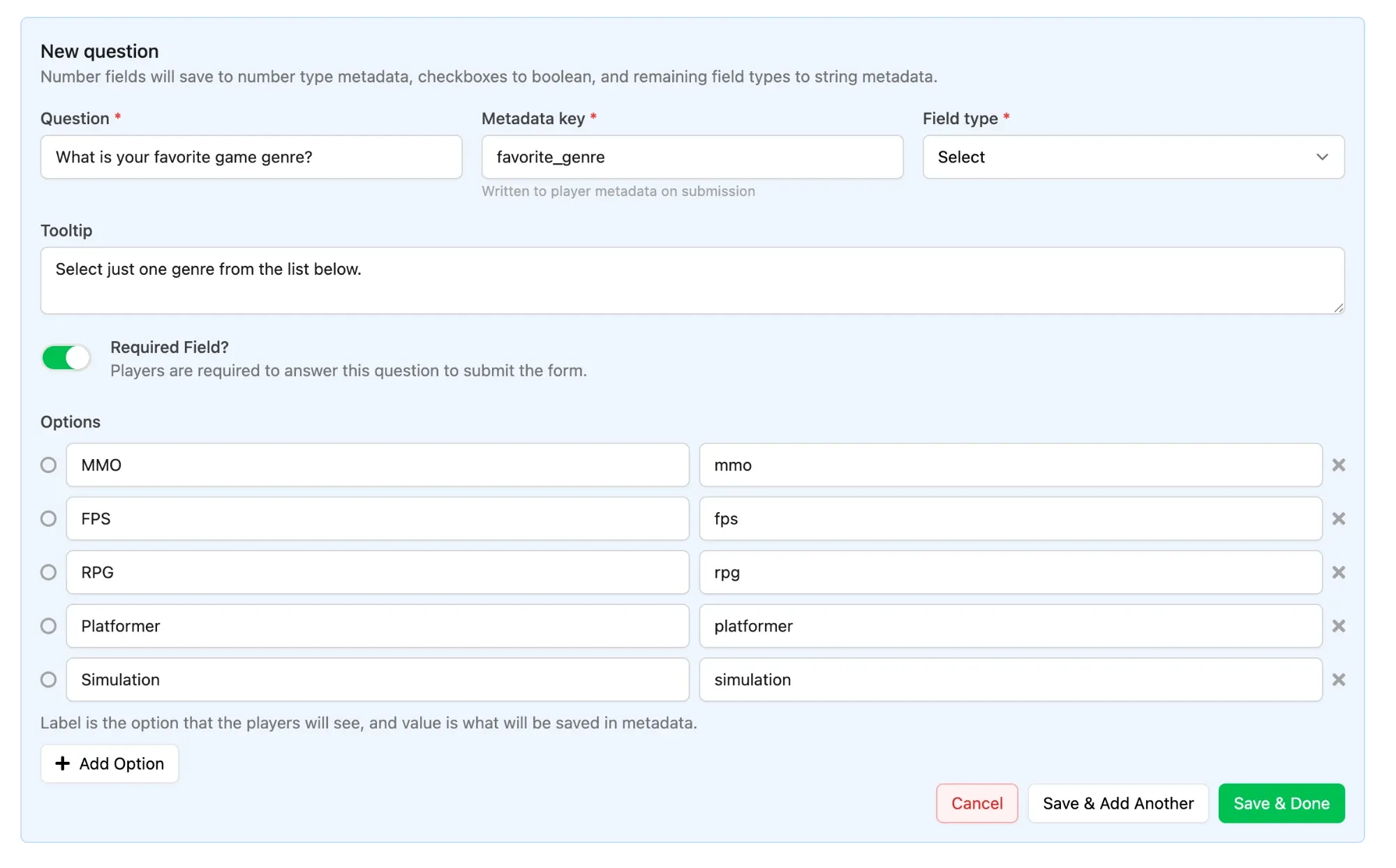 New question panel with the question, metadata key, field type, tooltip and options fields