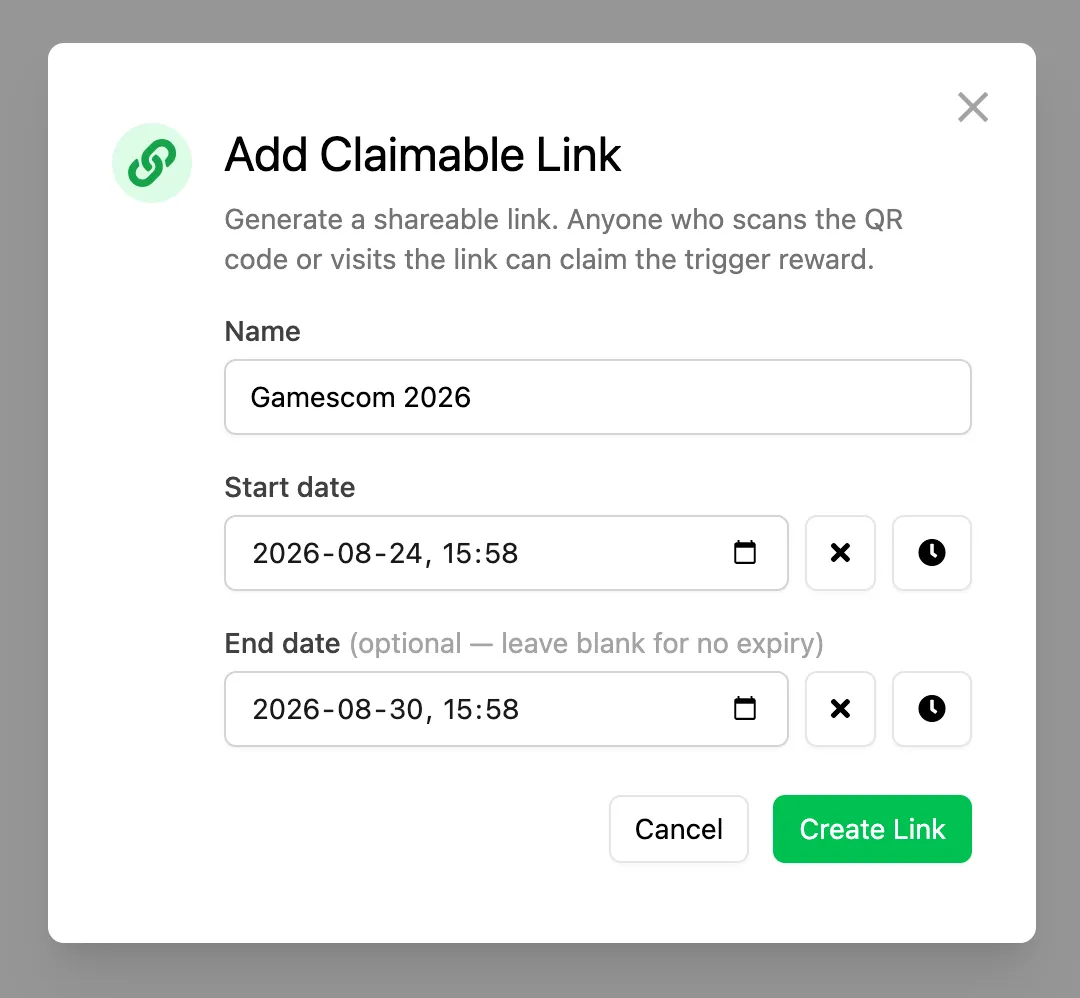 The Add Claimable Link modal with fields for Name, Start date, and optional End date